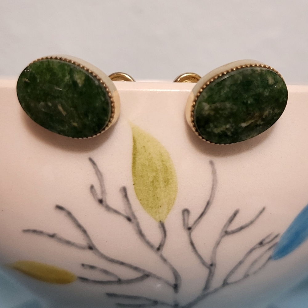 2pr Vintage Clips Jade, Tiger Eye - Picture 4 of 6